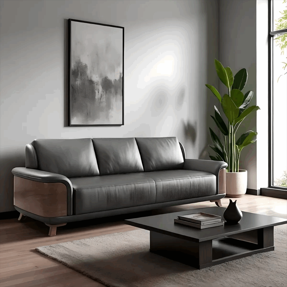 Ash Wood Sofa Black Leather Orion