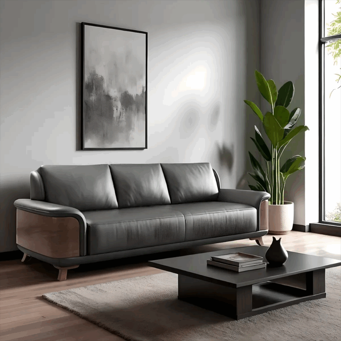 Ash Wood Sofa Black Leather Orion