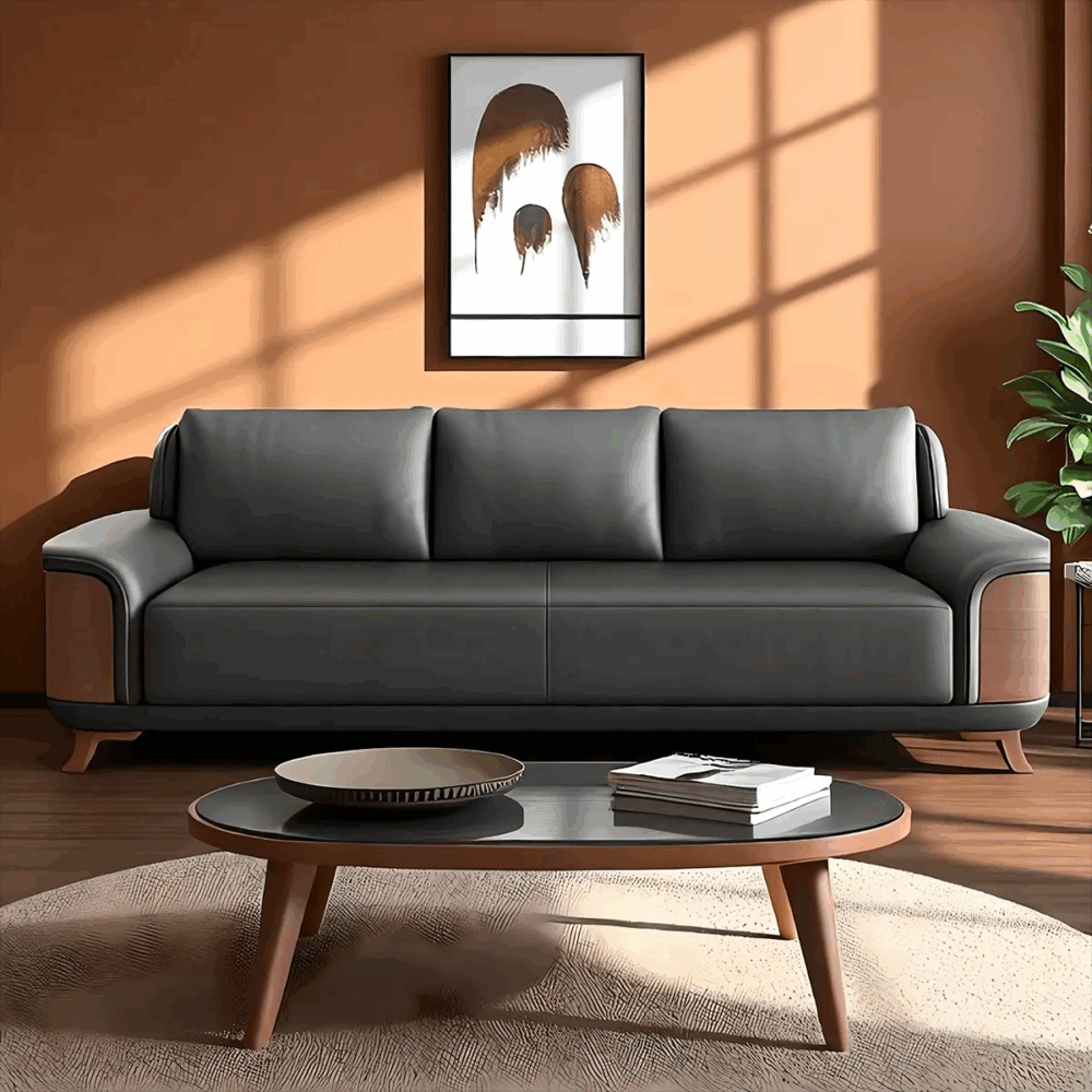 Ash Wood Sofa Black Leather Orion - Image 4