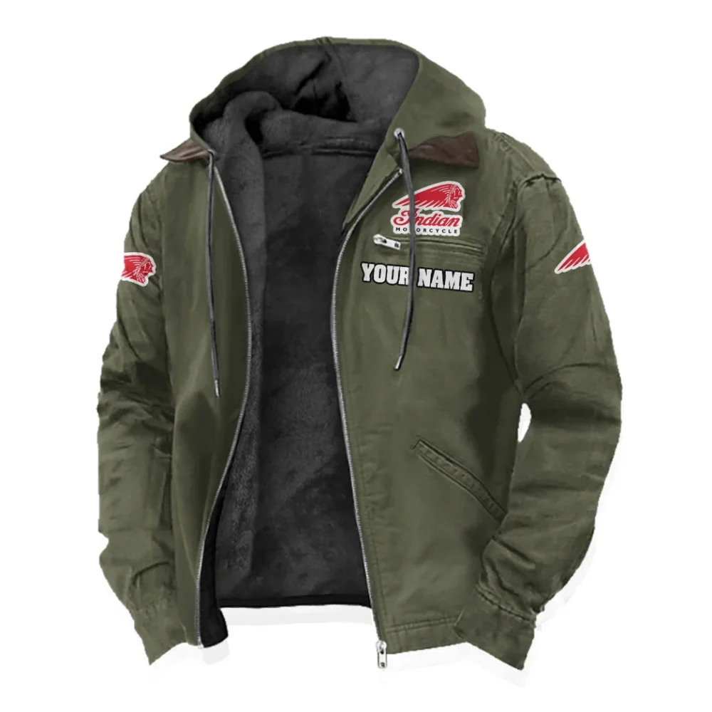 American-Style Motorbike Flannel Hoodie, Warm Street Flannel HVN1327IM - Green - Image 2
