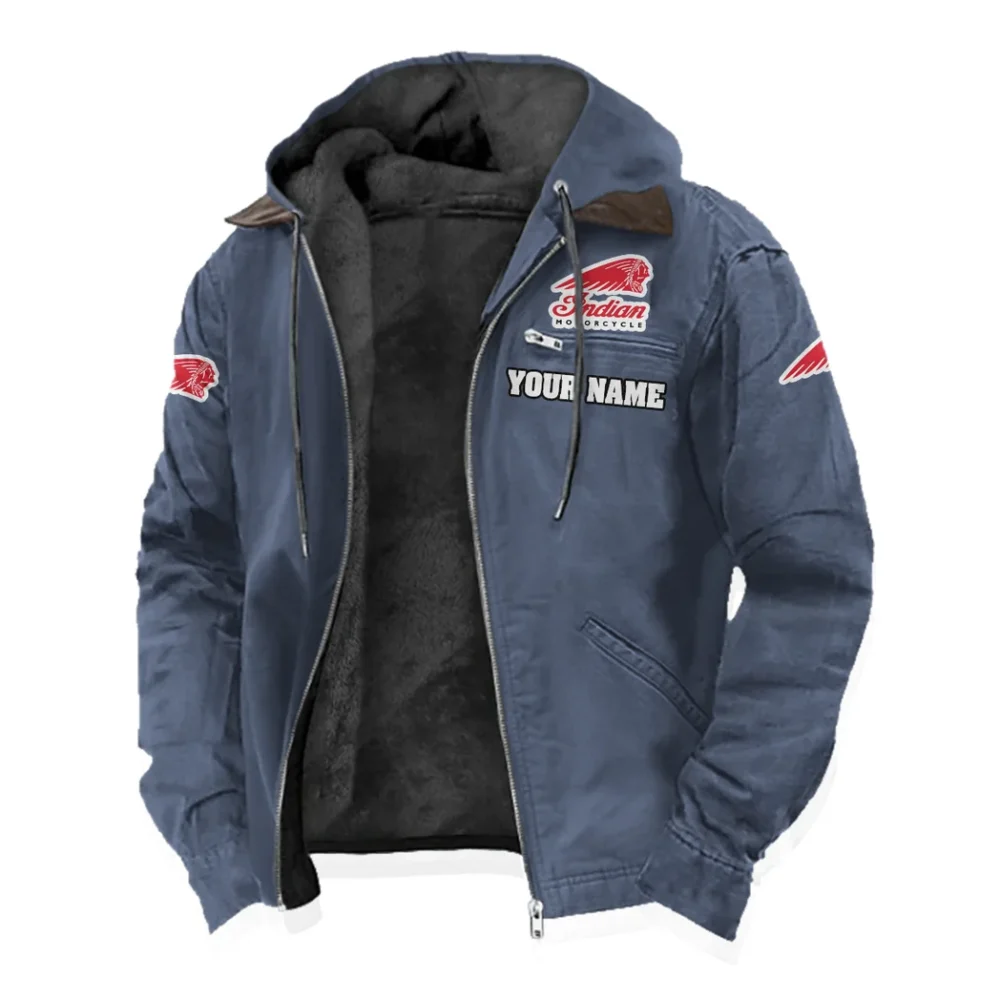 American-Style Motorbike Flannel Hoodie, Warm Street Flannel HVN1327IM - Navy Blue - Image 2
