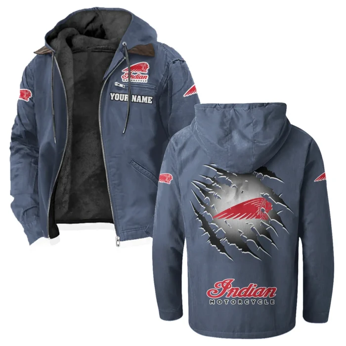 American-Style Motorbike Flannel Hoodie, Warm Street Flannel HVN1327IM - Navy Blue