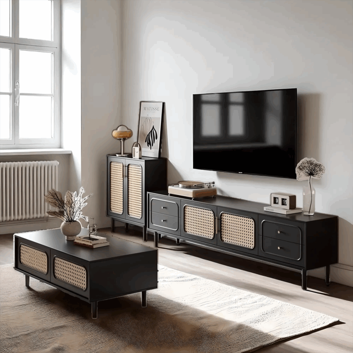 Modern Rattan Wood TV Stand Black Media Console Aster