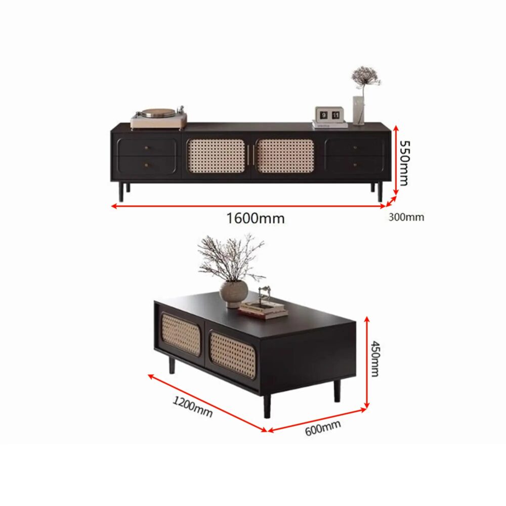 Modern Rattan Wood TV Stand Black Media Console Aster - Image 4