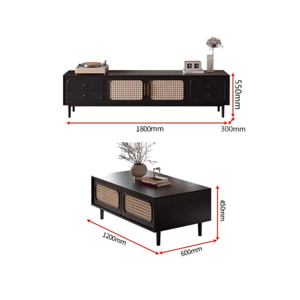 Modern Rattan Wood TV Stand Black Media Console Aster - Image 5
