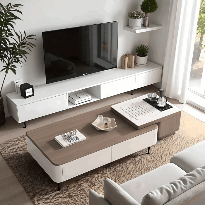 Modern Coffee Table And TV Stand Set Dual Storage Pivot