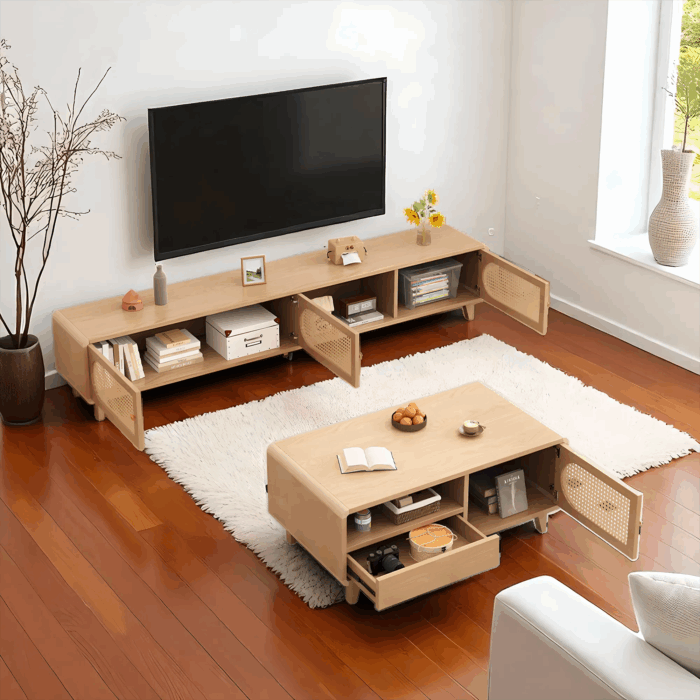Solid Wood And Rattan TV Stand And Coffee Table Set Terra
