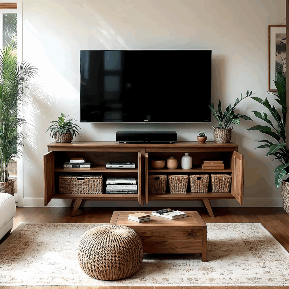 Solid Wood TV Stand With Cabinets And Baskets Mid Century Nova - Image 2