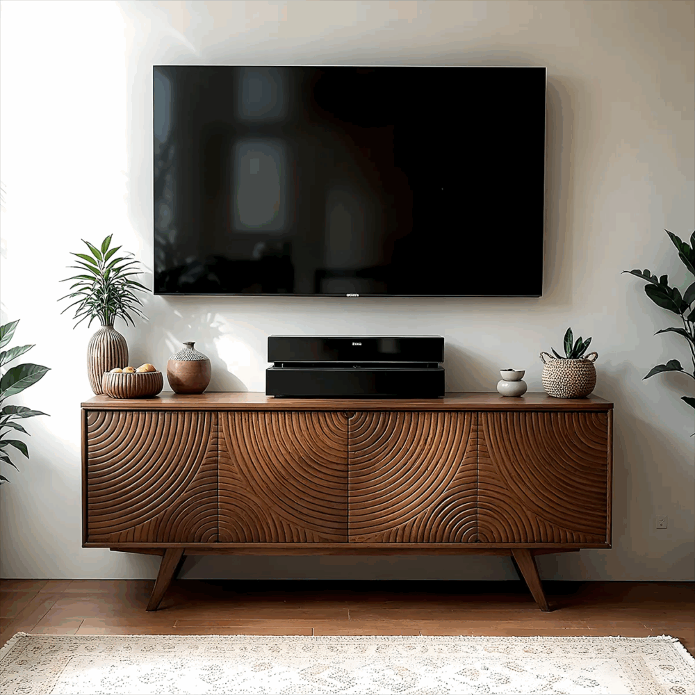 Solid Wood TV Stand With Cabinets And Baskets Mid Century Nova - Image 5
