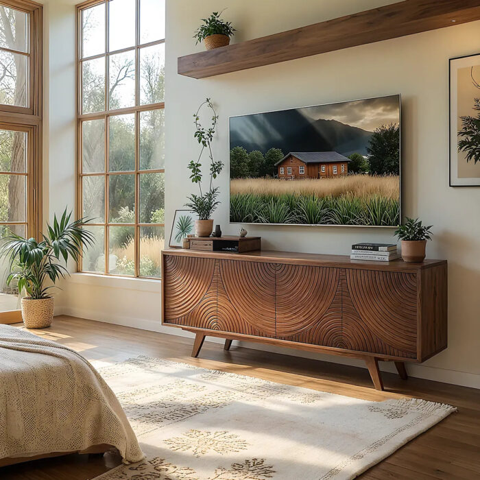 Solid Wood TV Stand With Cabinets And Baskets Mid Century Nova