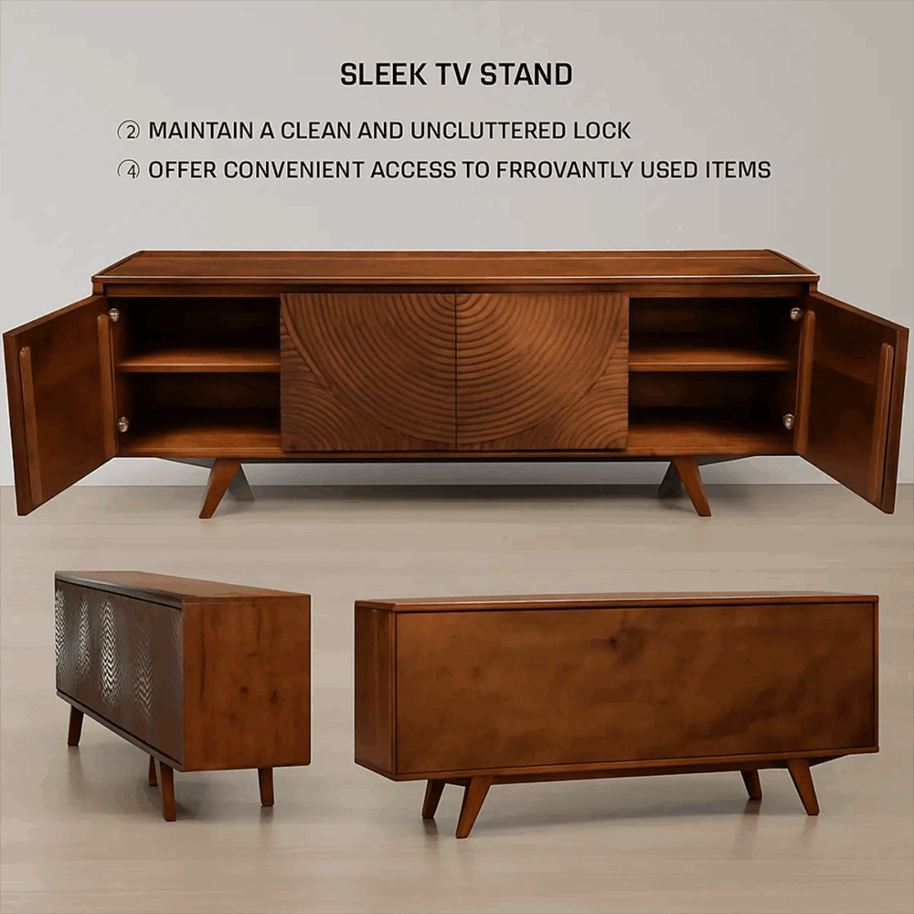 Solid Wood TV Stand With Cabinets And Baskets Mid Century Nova - Image 4