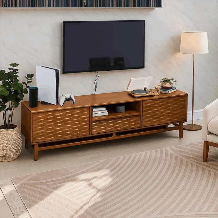 Modern Wooden TV Shelf Wavefront With Drawers And Shelves